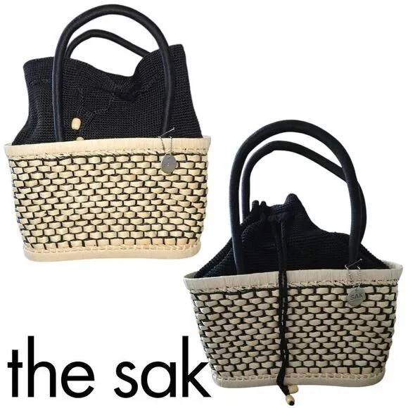 The Sak Woven Straw Rattan Corn Husk Basket Tote Bag Checkered Top Double Handle - Picture 5 of 5